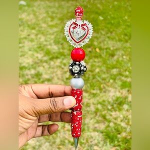 Handcrafted Rhinestone Red Pen with Heart Accent